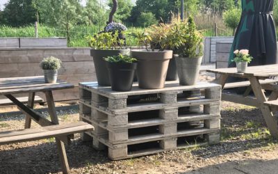 Duurzaam hergebruik oude pallets als basis voor plantenpotten.